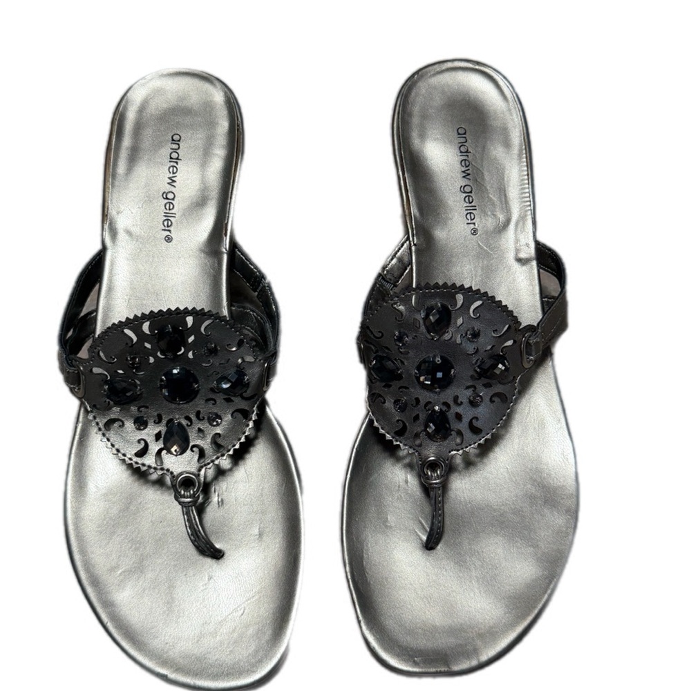 Andrew Geller Black Jeweled Thong Sandals with Silver Footbed